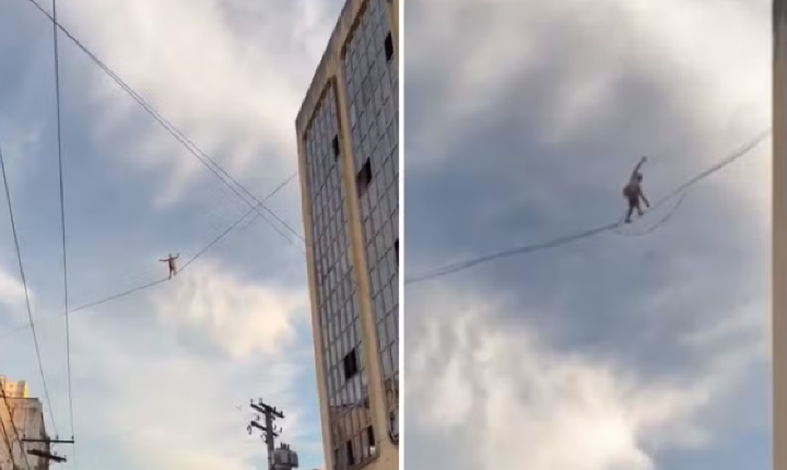 Equilibrista se arrisca ao andar em corda entre prédios em Goiânia