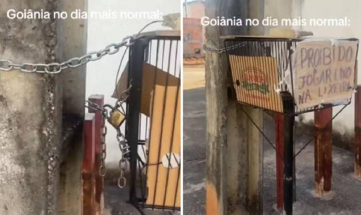 Placa que diz que é proibido jogar lixo na lixeira diverte a web: 'Goiânia no dia mais normal'