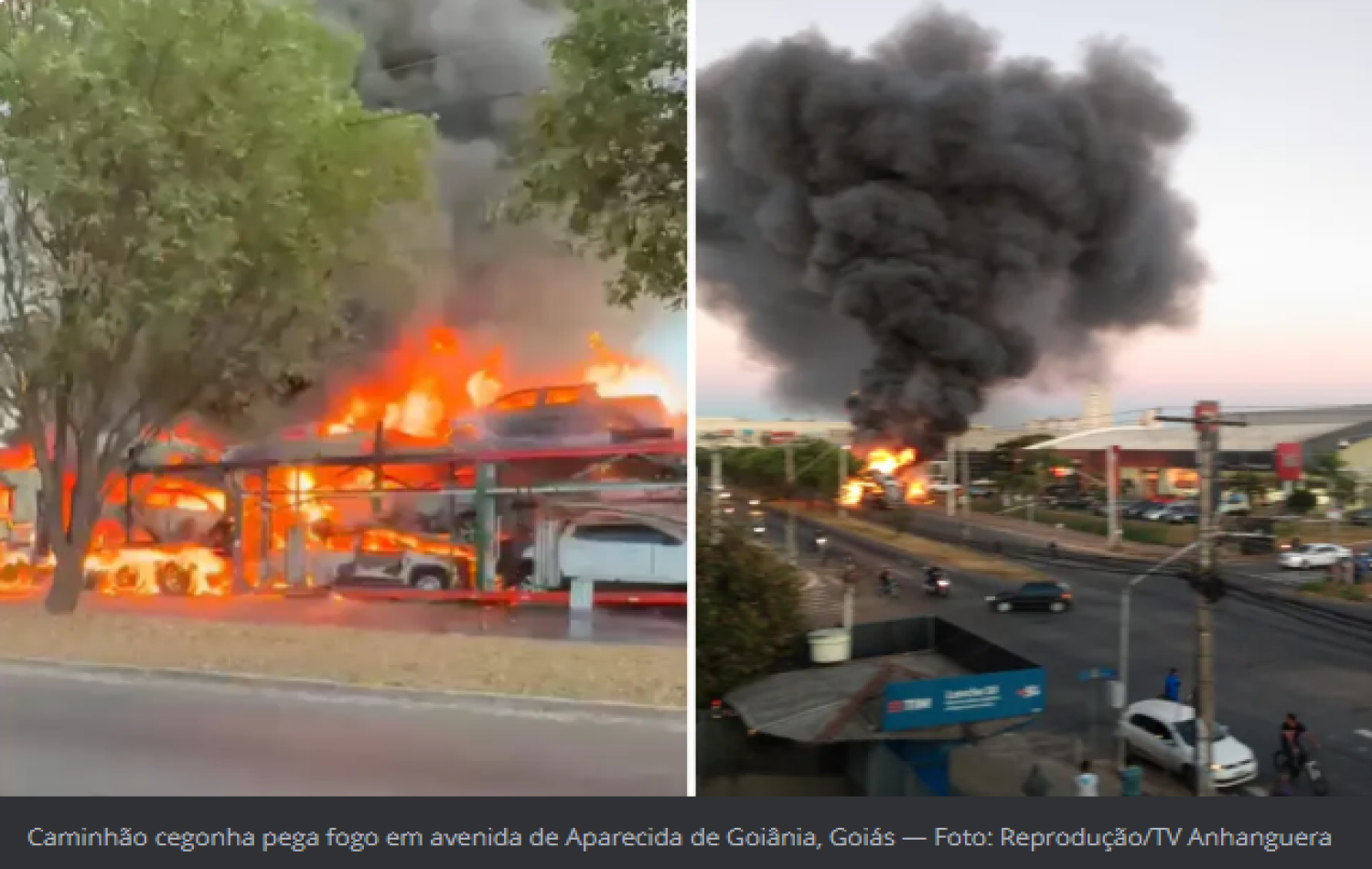 Caminhão-cegonha carregado com carros pega fogo em avenida de Aparecida de Goiânia