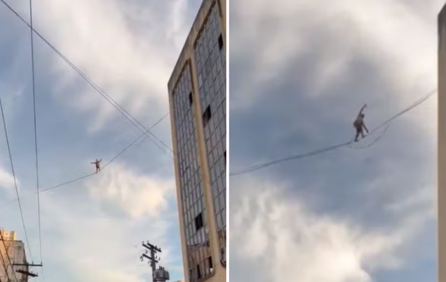Equilibrista se arrisca ao andar em corda entre prédios em Goiânia