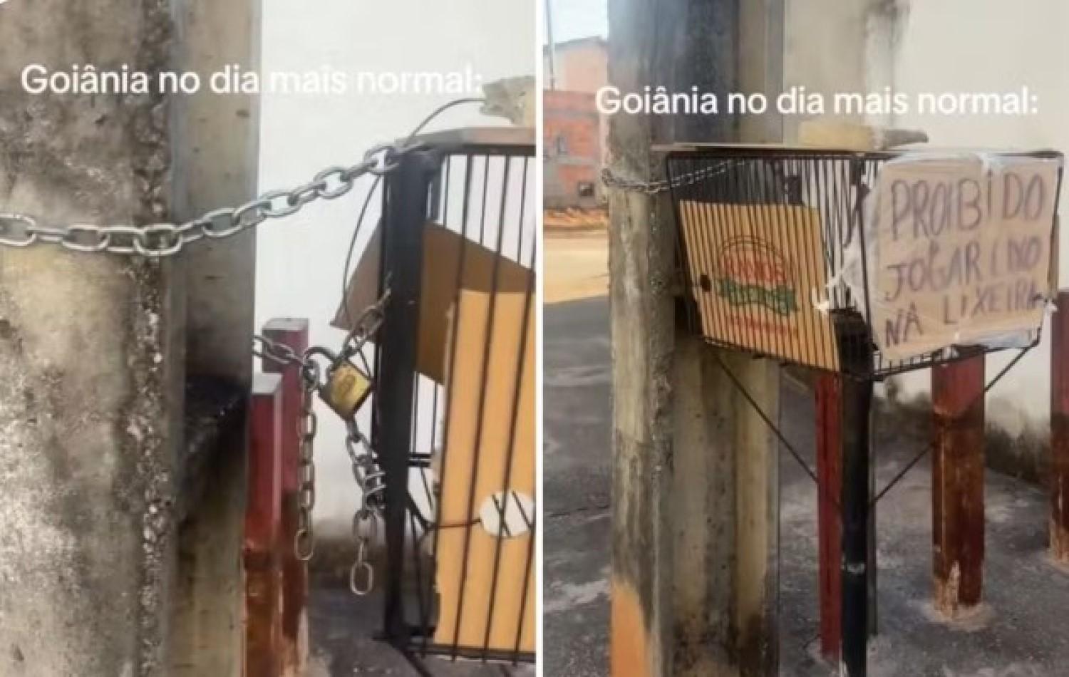 Placa que diz que é proibido jogar lixo na lixeira diverte a web: 'Goiânia no dia mais normal'